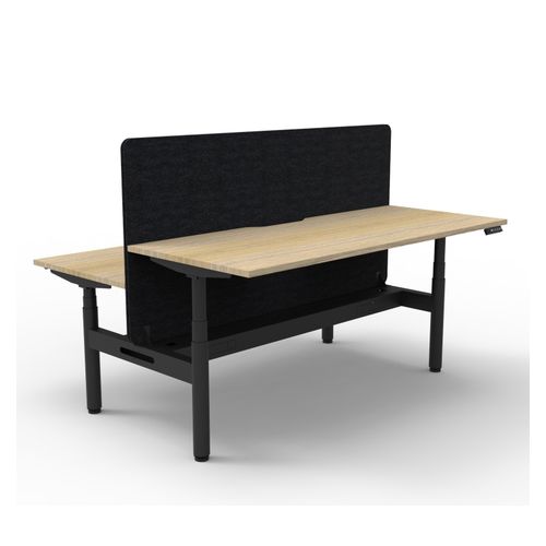 Rapid Halo Plus Height Adjustable Back to Back Desk with Black Eco Screen & Cable Tray 1500mm Black Frame Natural Oak Scallop Top
