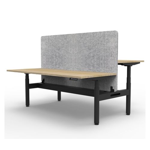 Rapid Halo Plus Height Adjustable Back to Back Desk with Grey Eco Screen & Cable Tray 1500mm Black Frame Natural Oak Scallop Top