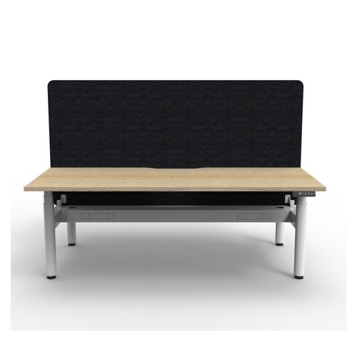 Rapid Halo Plus Height Adjustable Back to Back Desk with Black Eco Screen & Cable Tray 1500mm White Frame Natural Oak Scallop Top