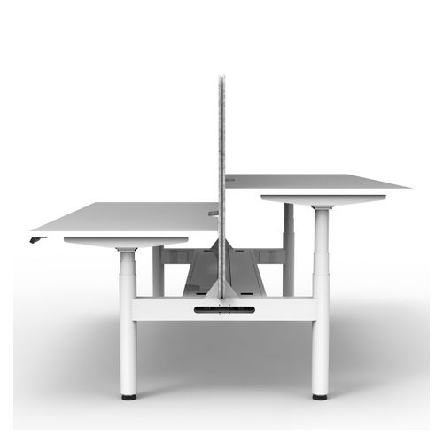 Rapid Halo Plus Height Adjustable Back to Back Desk with Grey Eco Screen & Cable Tray 1500mm White Frame Natural White Scallop Top