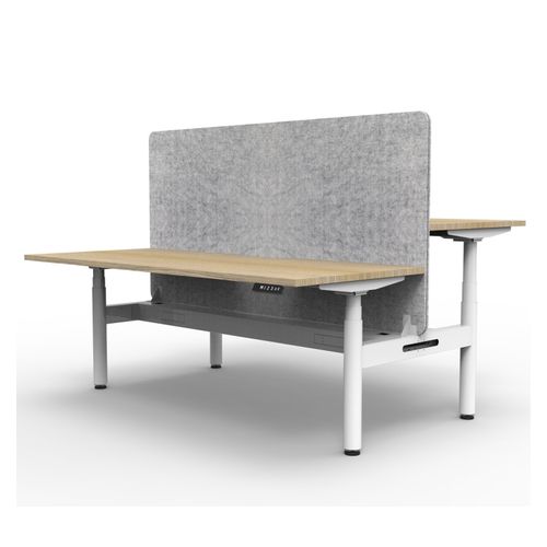 Rapid Halo Plus Height Adjustable Back to Back Desk with Grey Eco Screen & Cable Tray 1500mm White Frame Natural Oak Scallop Top