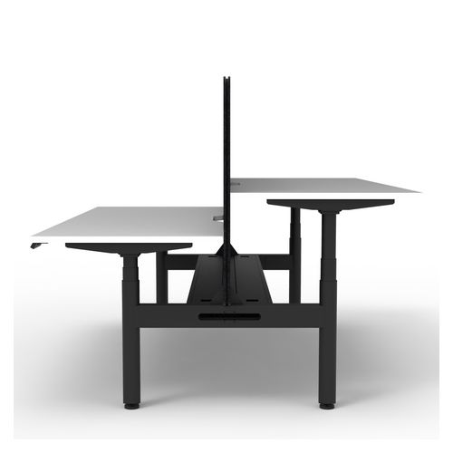Rapid Halo Plus Height Adjustable Back to Back Desk with Black Eco Screen & Cable Tray 1800mm Black Frame Natural White Scallop Top