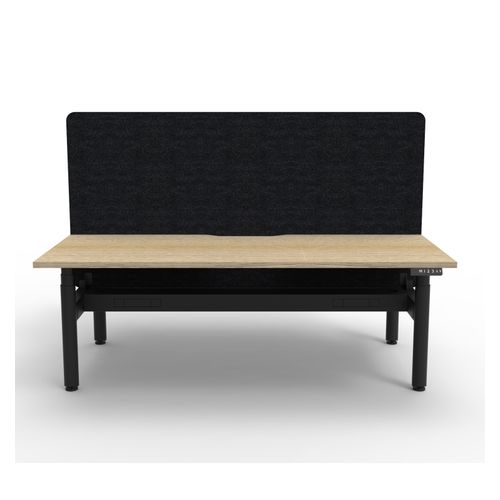 Rapid Halo Plus Height Adjustable Back to Back Desk with Black Eco Screen & Cable Tray 1800mm Black Frame Natural Oak Scallop Top