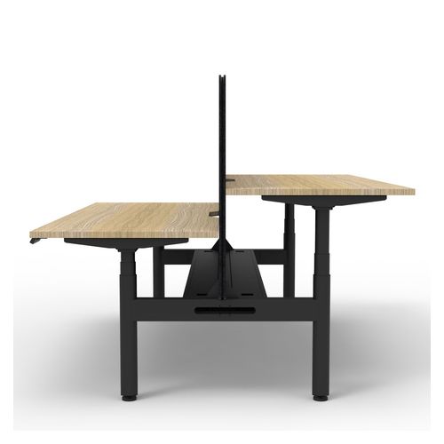 Rapid Halo Plus Height Adjustable Back to Back Desk with Black Eco Screen & Cable Tray 1800mm Black Frame Natural Oak Scallop Top