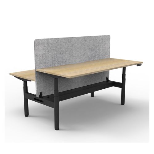 Rapid Halo Plus Height Adjustable Back to Back Desk with Grey Eco Screen & Cable Tray 1800mm Black Frame Natural Oak Scallop Top