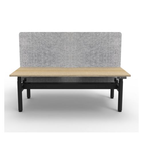 Rapid Halo Plus Height Adjustable Back to Back Desk with Grey Eco Screen & Cable Tray 1800mm Black Frame Natural Oak Scallop Top
