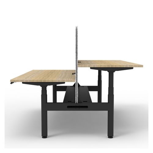 Rapid Halo Plus Height Adjustable Back to Back Desk with Grey Eco Screen & Cable Tray 1800mm Black Frame Natural Oak Scallop Top