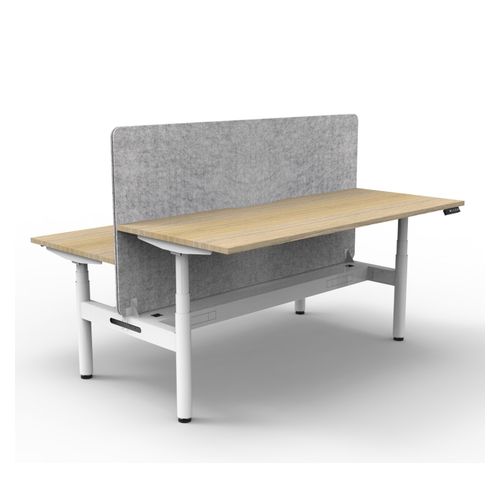 Rapid Halo Plus Height Adjustable Back to Back Desk with Grey Eco Screen & Cable Tray 1800mm White Frame Natural Oak Scallop Top