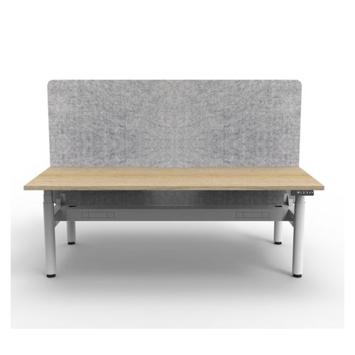 Rapid Halo Plus Height Adjustable Back to Back Desk with Grey Eco Screen & Cable Tray 1800mm White Frame Natural Oak Scallop Top