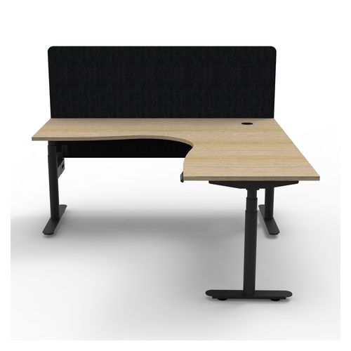 Halo Plus Height Adjustable Corner Workstation with Black Eco Screen 1500x1500mm Black Frame Natural Oak Scallop Top