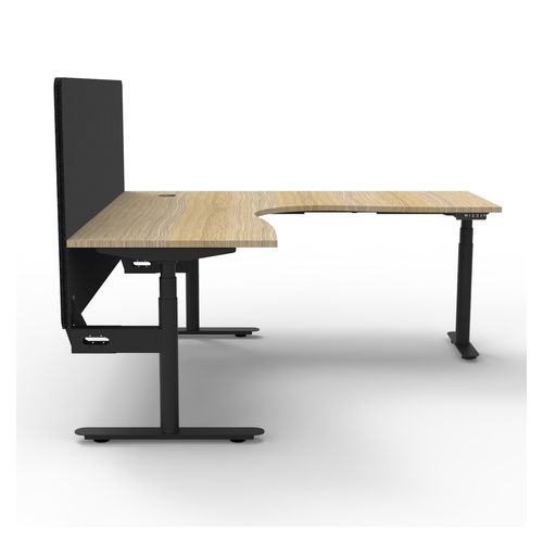 Halo Plus Height Adjustable Corner Workstation with Black Eco Screen 1500x1500mm Black Frame Natural Oak Scallop Top