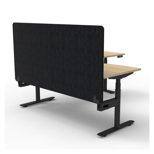 Halo Plus Height Adjustable Corner Workstation with Black Eco Screen 1500x1500mm Black Frame Natural Oak Scallop Top