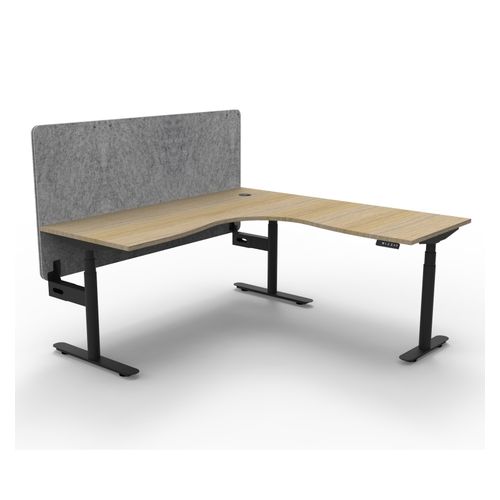 Halo Plus Height Adjustable Corner Workstation with Grey Eco Screen 1500x1500mm Black Frame Natural Oak Scallop Top