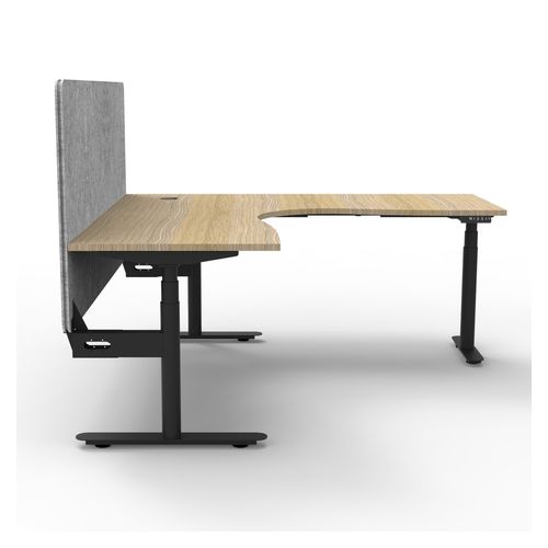 Halo Plus Height Adjustable Corner Workstation with Grey Eco Screen 1500x1500mm Black Frame Natural Oak Scallop Top