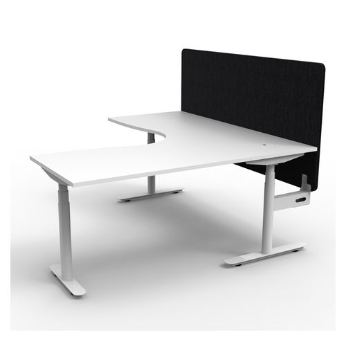 Halo Plus Height Adjustable Corner Workstation with Black Eco Screen 1500x1500mm White Frame Natural White Scallop Top