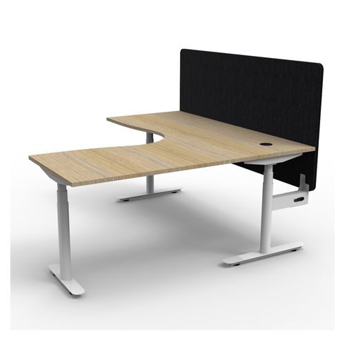 Halo Plus Height Adjustable Corner Workstation with Black Eco Screen 1500x1500mm White Frame Natural Oak Scallop Top