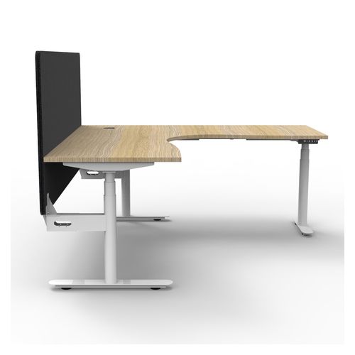 Halo Plus Height Adjustable Corner Workstation with Black Eco Screen 1500x1500mm White Frame Natural Oak Scallop Top