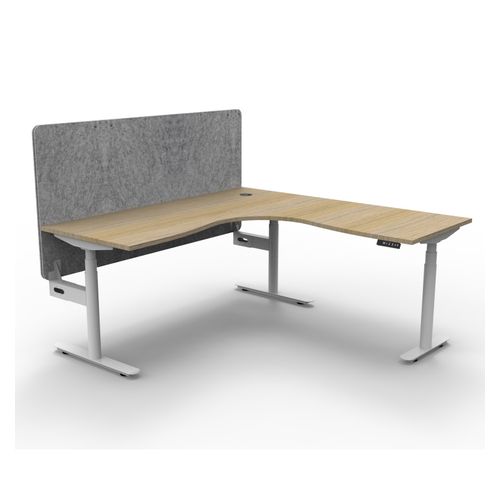 Halo Plus Height Adjustable Corner Workstation with Grey Eco Screen 1500x1500mm White Frame Natural Oak Scallop Top