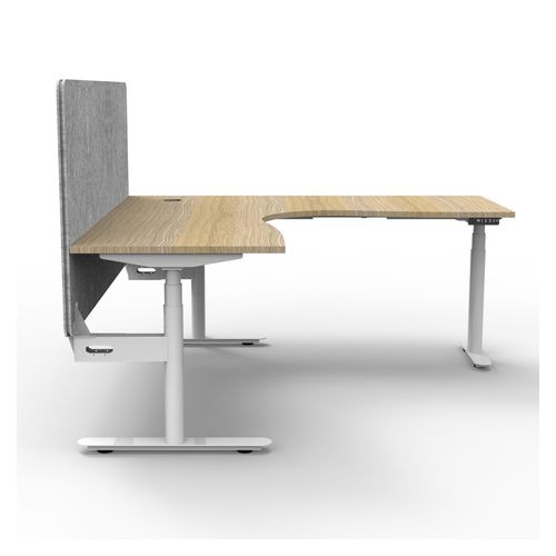 Halo Plus Height Adjustable Corner Workstation with Grey Eco Screen 1500x1500mm White Frame Natural Oak Scallop Top