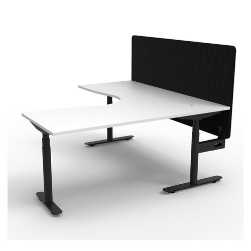 Halo Plus Height Adjustable Corner Workstation with Black Eco Screen 1800x1500mm Black Frame Natural White Scallop Top