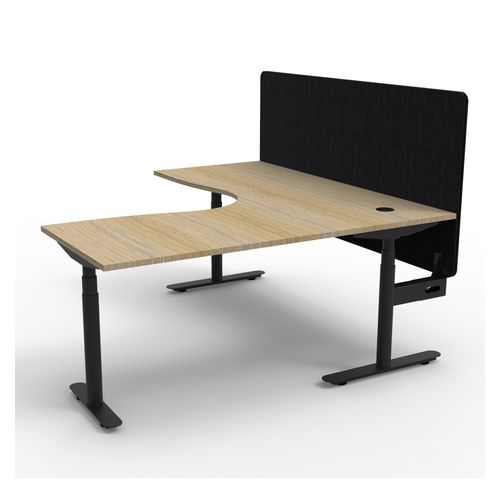 Halo Plus Height Adjustable Corner Workstation with Black Eco Screen 1800x1500mm Black Frame Natural Oak Scallop Top