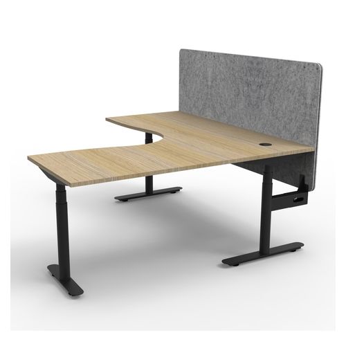 Halo Plus Height Adjustable Corner Workstation with Grey Eco Screen 1800x1500mm Black Frame Natural Oak Scallop Top