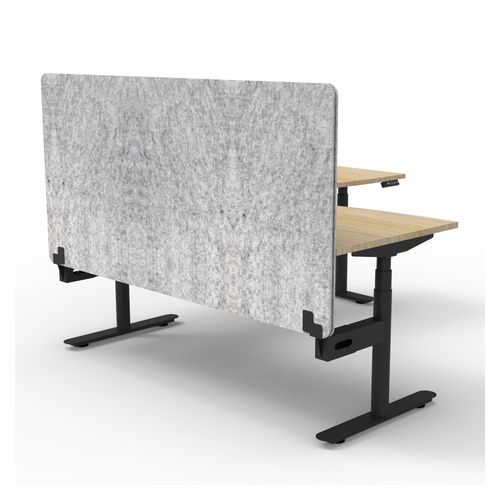 Halo Plus Height Adjustable Corner Workstation with Grey Eco Screen 1800x1500mm Black Frame Natural Oak Scallop Top