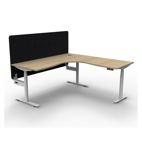 Halo Plus Height Adjustable Corner Workstation with Black Eco Screen 1800x1500mm White Frame Natural Oak Scallop Top