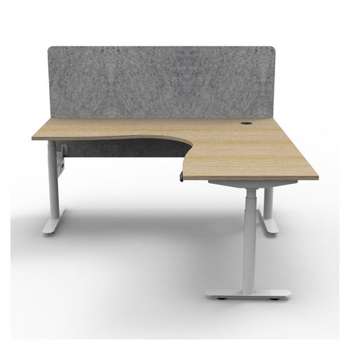 Halo Plus Height Adjustable Corner Workstation with Grey Eco Screen 1800x1500mm White Frame Natural Oak Scallop Top
