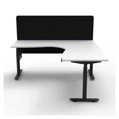 Halo Plus Height Adjustable Corner Workstation with Black Eco Screen 1800x1800mm Black Frame Natural White Scallop Top
