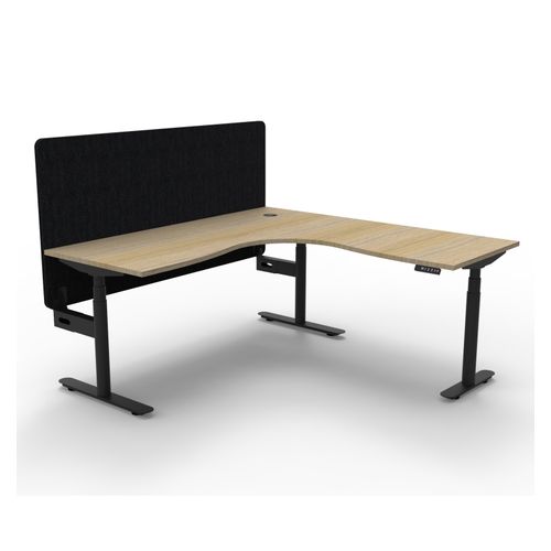 Halo Plus Height Adjustable Corner Workstation with Black Eco Screen 1800x1800mm Black Frame Natural Oak Scallop Top