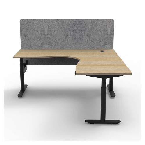 Halo Plus Height Adjustable Corner Workstation with Grey Eco Screen 1800x1800mm Black Frame Natural Oak Scallop Top