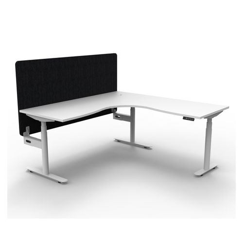 Halo Plus Height Adjustable Corner Workstation with Black Eco Screen 1800x1800mm White Frame Natural White Scallop Top
