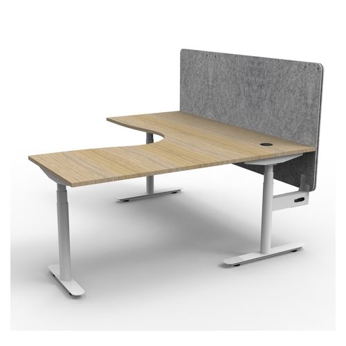 Halo Plus Height Adjustable Corner Workstation with Grey Eco Screen 1800x1800mm White Frame Natural Oak Scallop Top