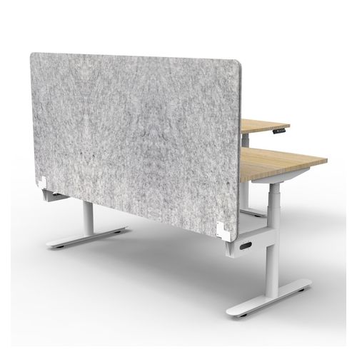 Halo Plus Height Adjustable Corner Workstation with Grey Eco Screen 1800x1800mm White Frame Natural Oak Scallop Top