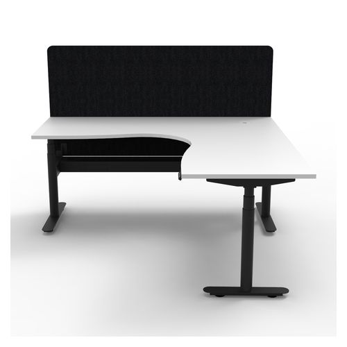 Halo Plus Height Adjustable Corner Workstation with Black Eco Screen & Cable Tray 1500x1500mm Black Frame Natural White Scallop Top