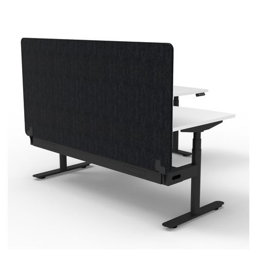 Halo Plus Height Adjustable Corner Workstation with Black Eco Screen & Cable Tray 1500x1500mm Black Frame Natural White Scallop Top