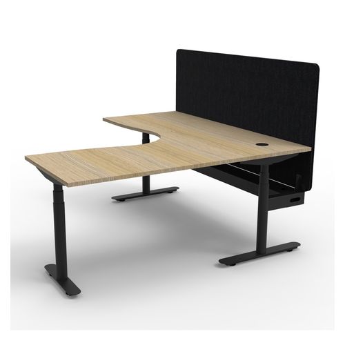 Halo Plus Height Adjustable Corner Workstation with Black Eco Screen & Cable Tray 1500x1500mm Black Frame Natural Oak Scallop Top