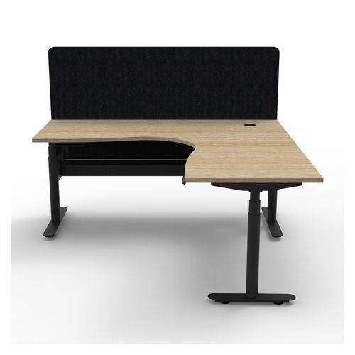 Halo Plus Height Adjustable Corner Workstation with Black Eco Screen & Cable Tray 1500x1500mm Black Frame Natural Oak Scallop Top