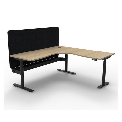 Halo Plus Height Adjustable Corner Workstation with Black Eco Screen & Cable Tray 1500x1500mm Black Frame Natural Oak Scallop Top