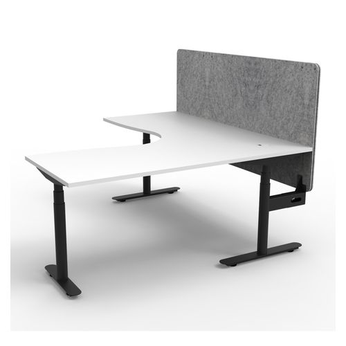 Halo Plus Height Adjustable Corner Workstation with Grey Eco Screen & Cable Tray 1500x1500mm Black Frame Natural White Scallop Top