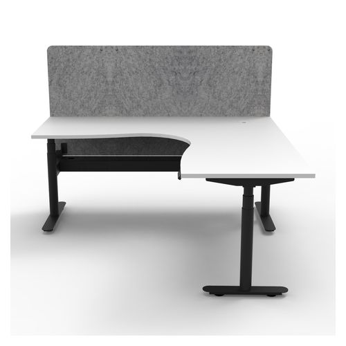 Halo Plus Height Adjustable Corner Workstation with Grey Eco Screen & Cable Tray 1500x1500mm Black Frame Natural White Scallop Top