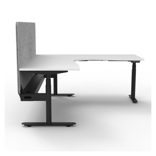 Halo Plus Height Adjustable Corner Workstation with Grey Eco Screen & Cable Tray 1500x1500mm Black Frame Natural White Scallop Top