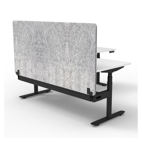 Halo Plus Height Adjustable Corner Workstation with Grey Eco Screen & Cable Tray 1500x1500mm Black Frame Natural White Scallop Top