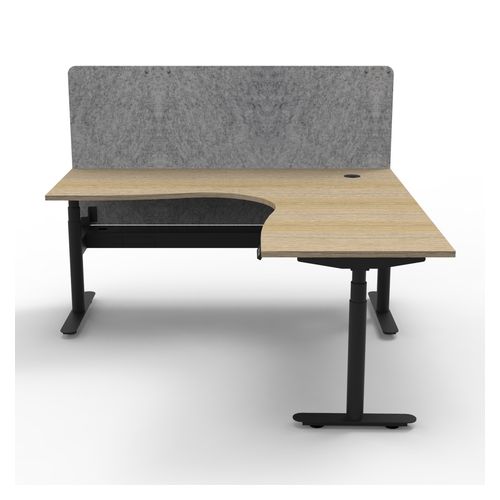 Halo Plus Height Adjustable Corner Workstation with Grey Eco Screen & Cable Tray 1500x1500mm Black Frame Natural Oak Scallop Top