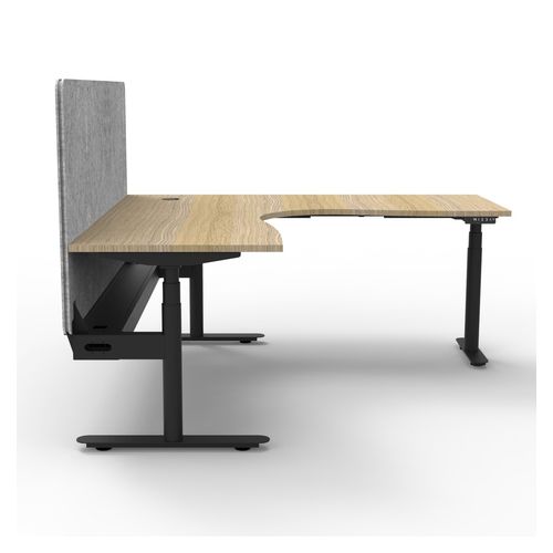 Halo Plus Height Adjustable Corner Workstation with Grey Eco Screen & Cable Tray 1500x1500mm Black Frame Natural Oak Scallop Top
