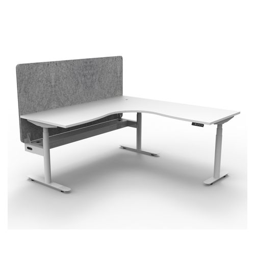 Halo Plus Height Adjustable Corner Workstation with Grey Eco Screen & Cable Tray 1500x1500mm White Frame Natural White Scallop Top