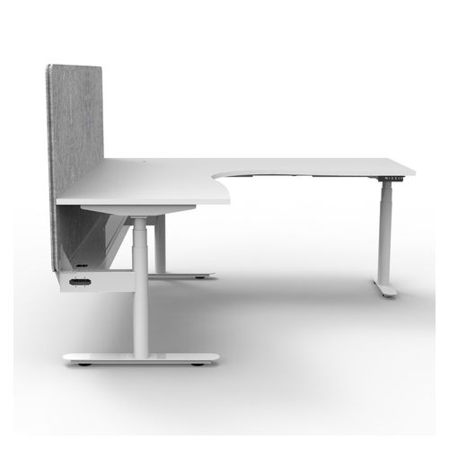 Halo Plus Height Adjustable Corner Workstation with Grey Eco Screen & Cable Tray 1500x1500mm White Frame Natural White Scallop Top
