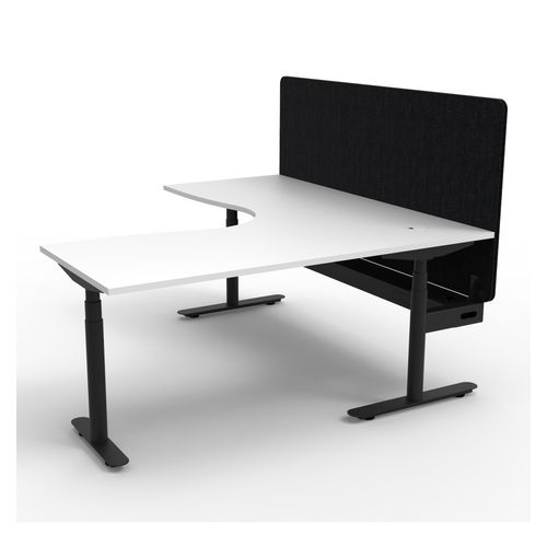 Halo Plus Height Adjustable Corner Workstation with Black Eco Screen & Cable Tray 1800x1500mm Black Frame Natural White Scallop Top