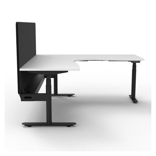 Halo Plus Height Adjustable Corner Workstation with Black Eco Screen & Cable Tray 1800x1500mm Black Frame Natural White Scallop Top
